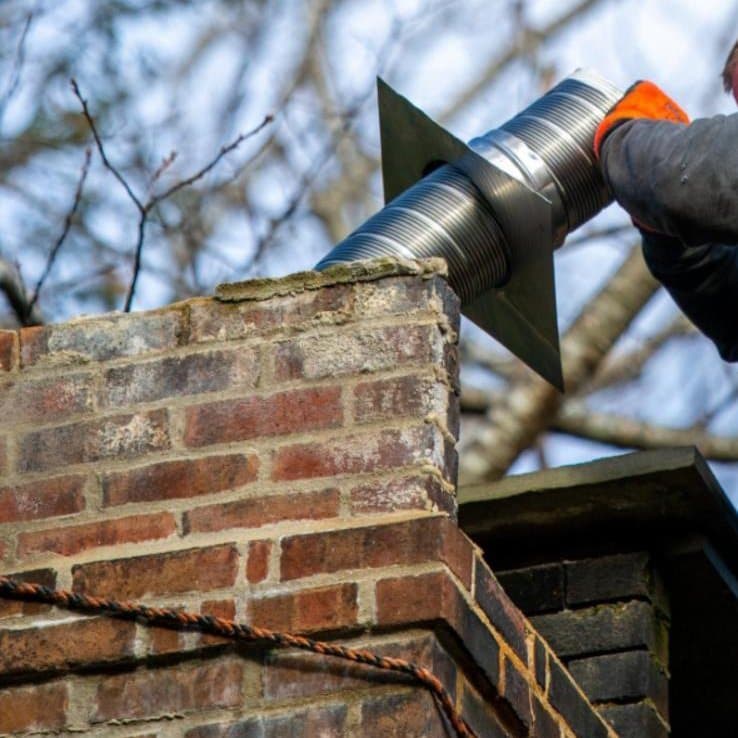 Flexible stainless steel liner being fed into a chimney stack from the roof